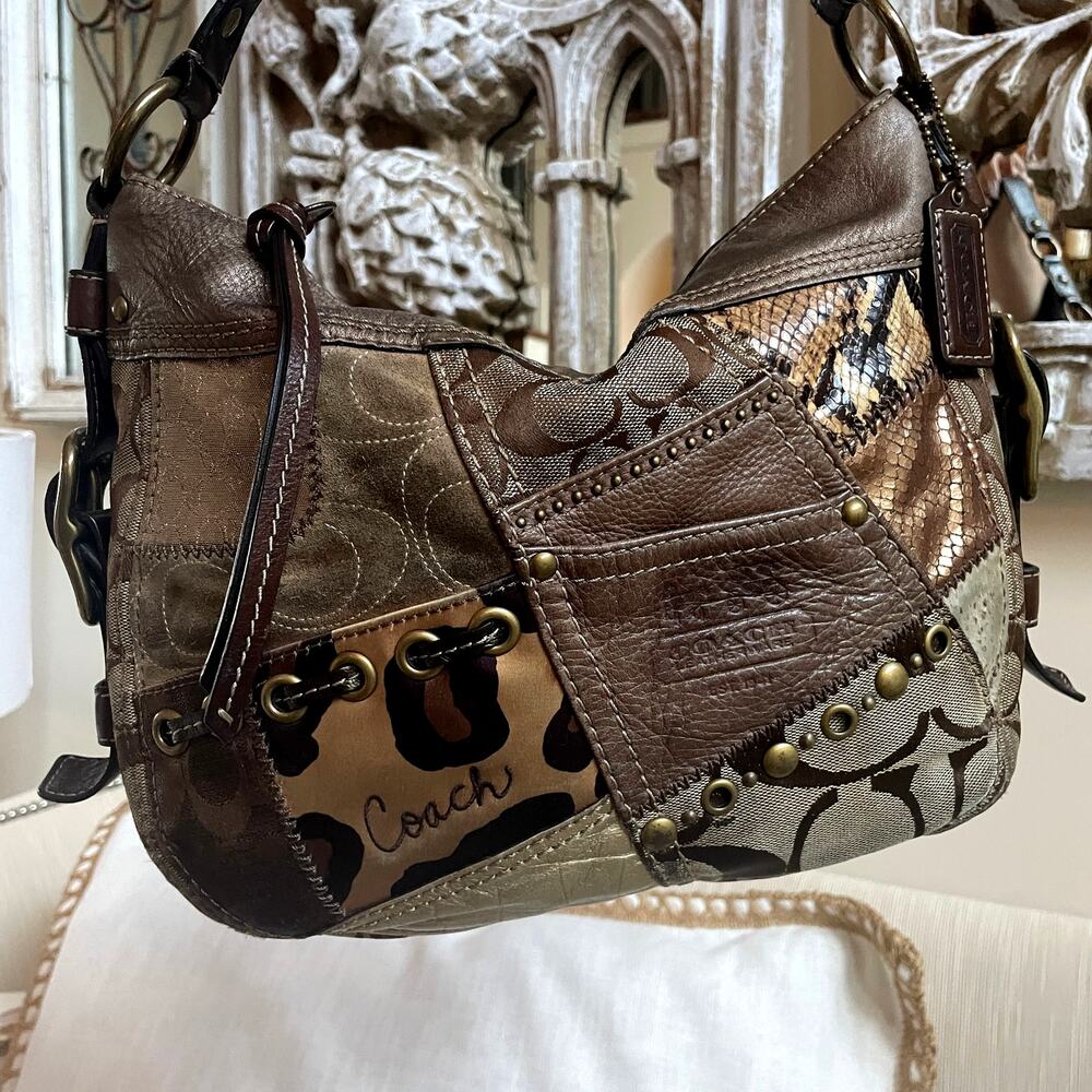 Rare 2008 Coach Zoe Tonal Patchwork 12901 Brown Bronze Animal Print Y2K Bag